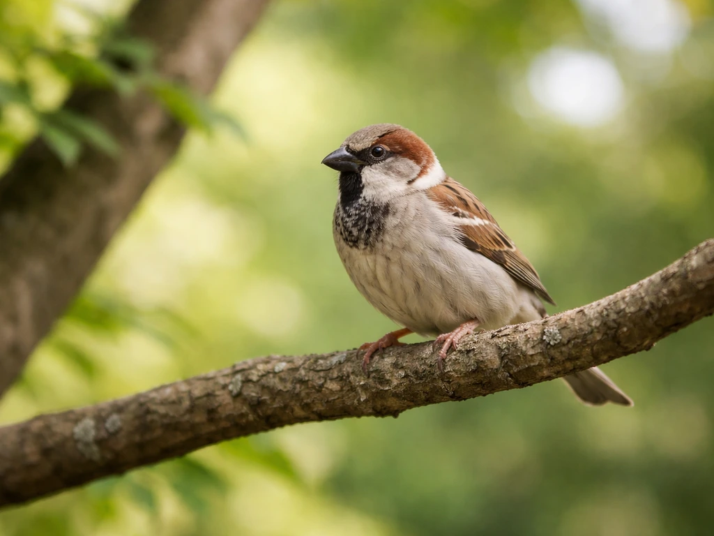A small sparrow perched on a tree branch in natural light, minimal background.