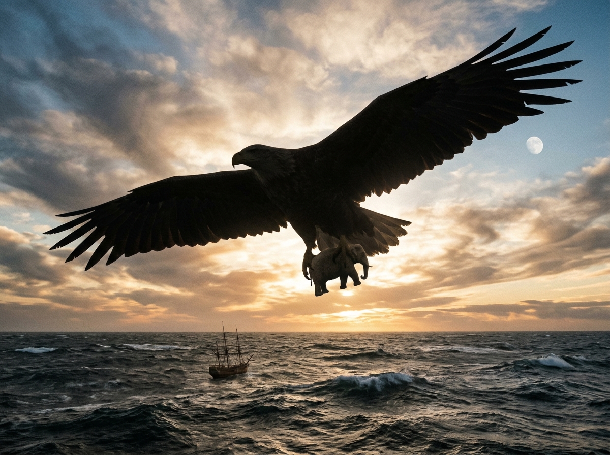दूर समुद्र के ऊपर विशाल पौराणिक रुख पक्षी का नाटकीय दृश्य