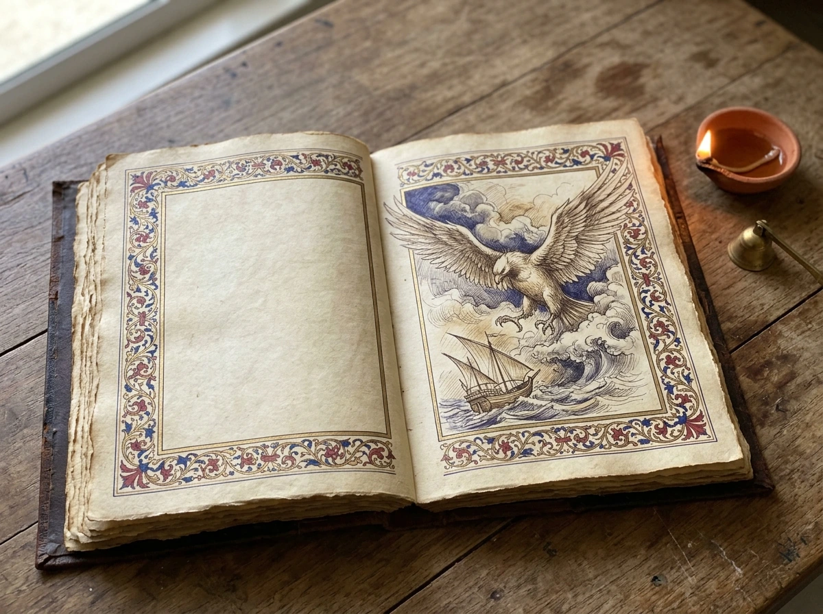 कहानी की पांडुलिपि/पुस्तक पेज में विशाल पक्षी का चित्र