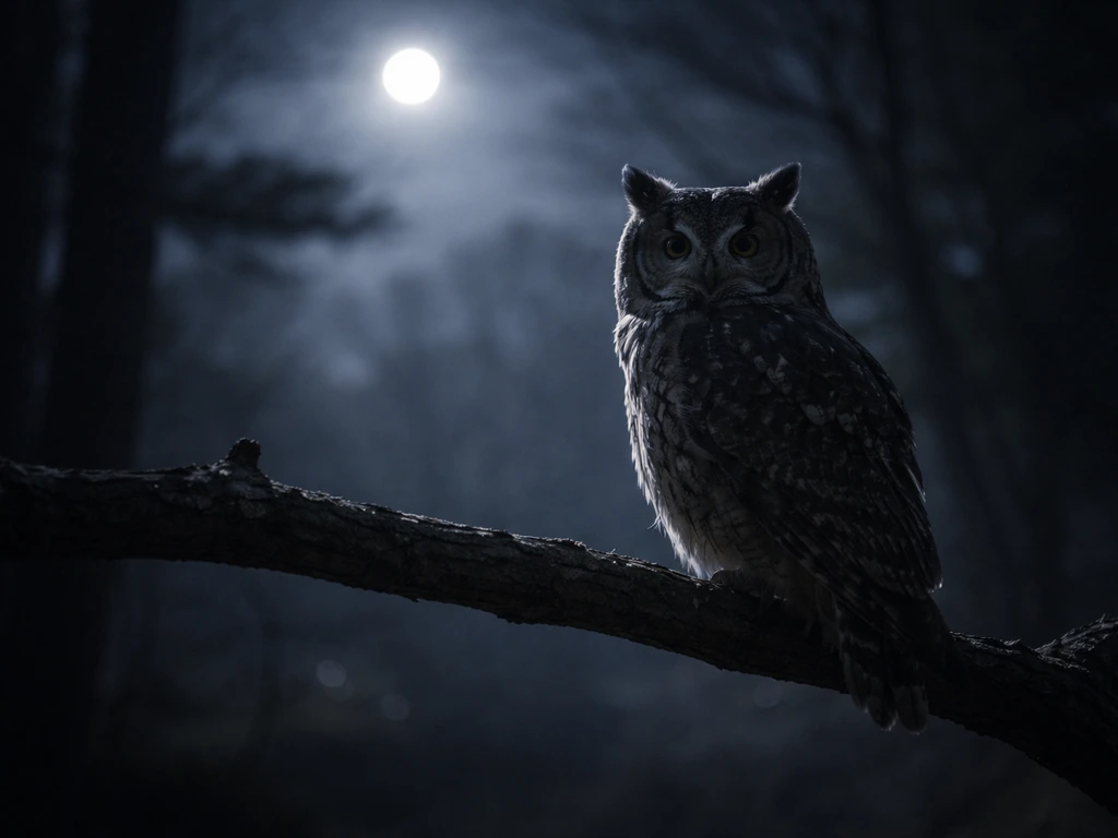 चाँदनी रात में शाखा पर बैठा उल्लू, पेड़ों की परछाइयाँ और धुंधला रात्रि वातावरण