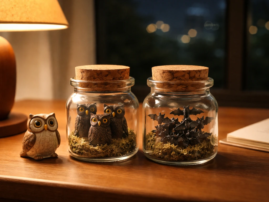 Warm lamplight desk scene with small owl and bat figurines in two unlabeled jars, hinting night-active meaning.
