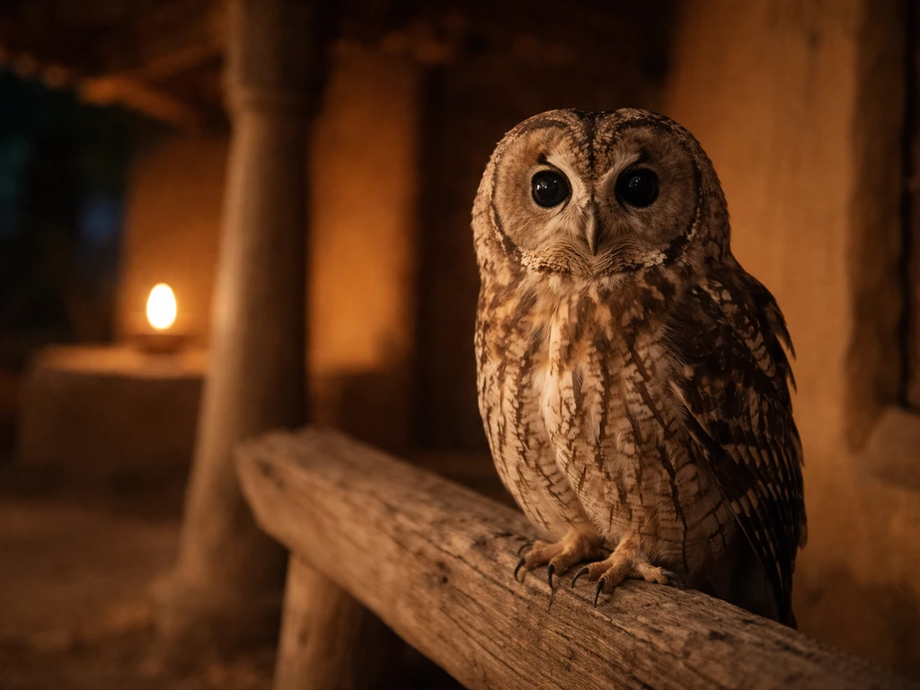 Owl perched at night on a traditional wooden beam under warm lamp light
