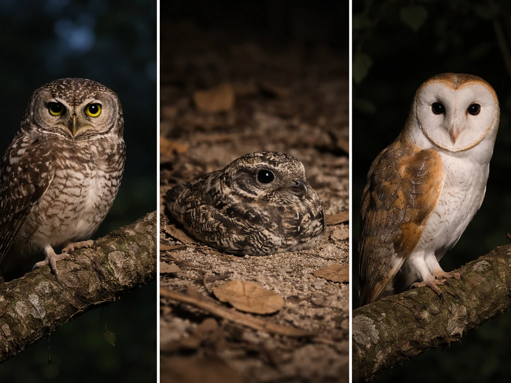 Owl and nightjar-like nocturnal birds perched outdoors at night, minimal side-by-side natural-history views.
