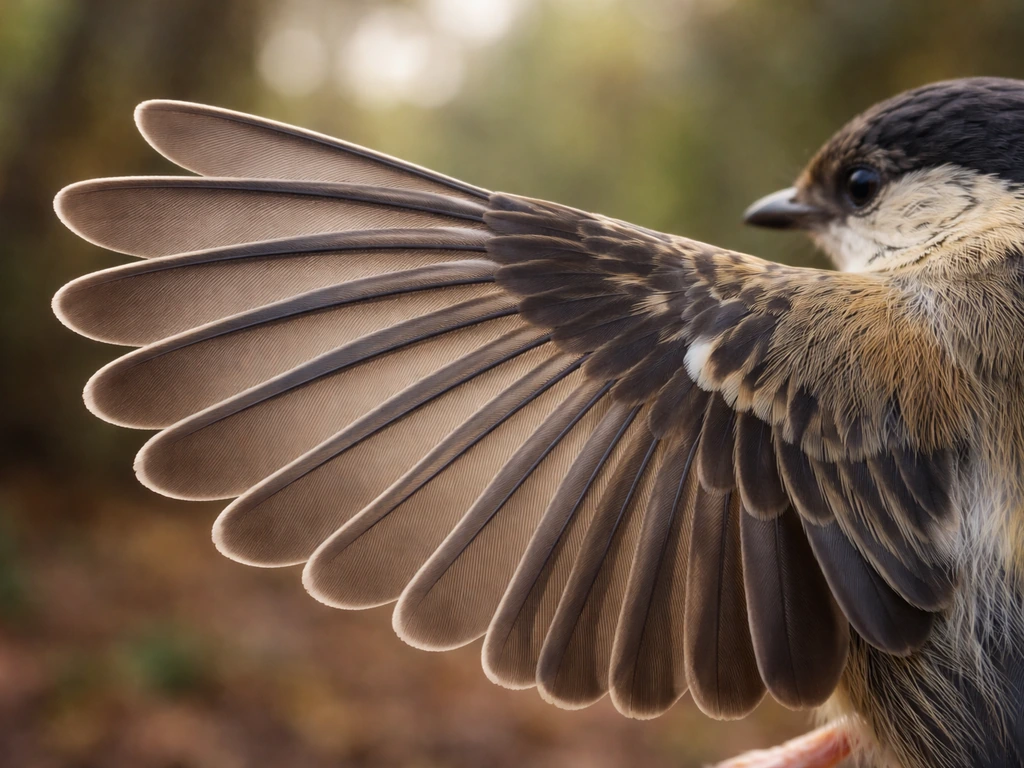 Close-up of a bird wing with visible feathers, showing wings and feather textures in focus.