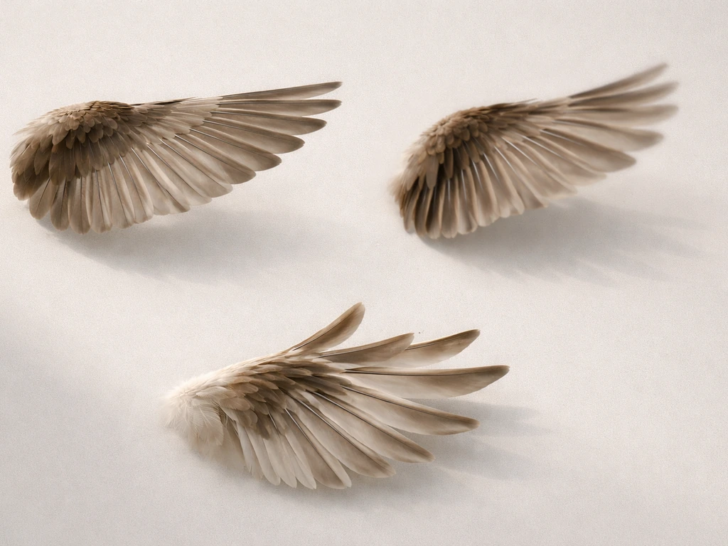 Close-up of realistic bird wing and feather moments showing spread, flapping, and fanned feathers.