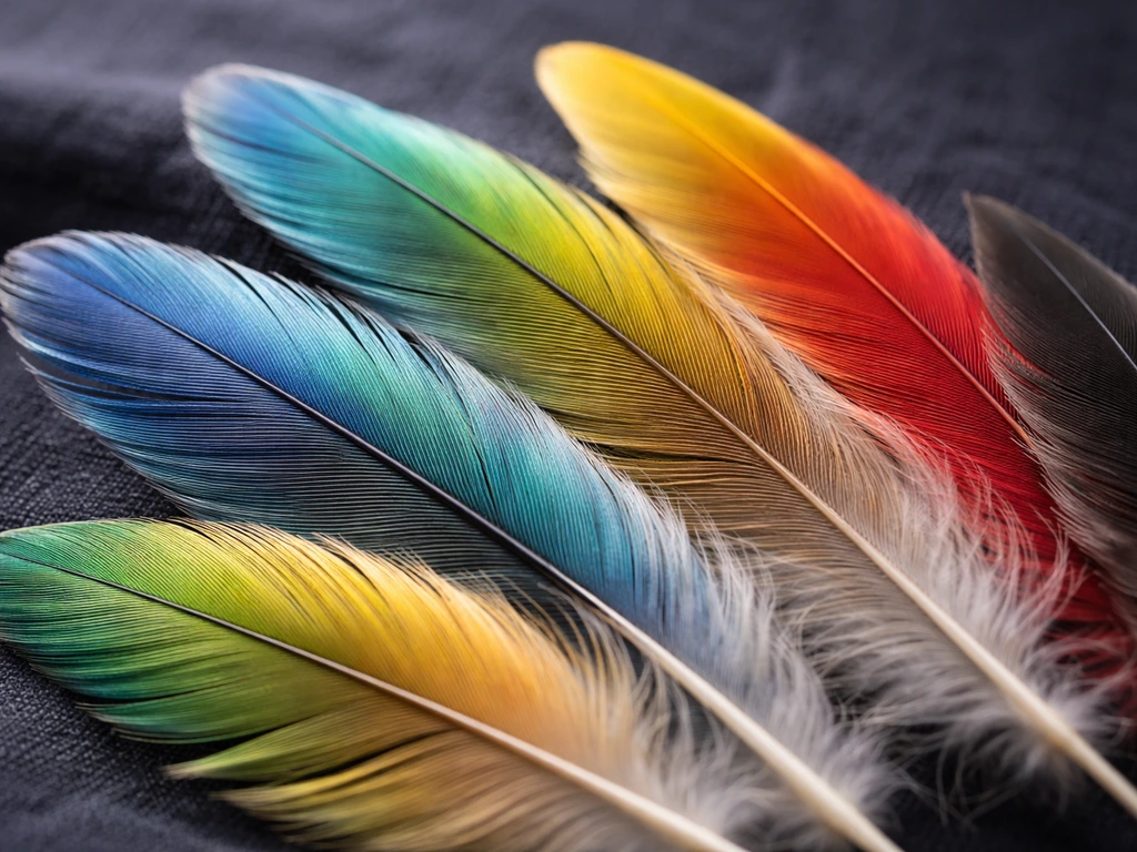 Close-up of colorful feathers on dark fabric, highlighting soft texture and fine barbs.