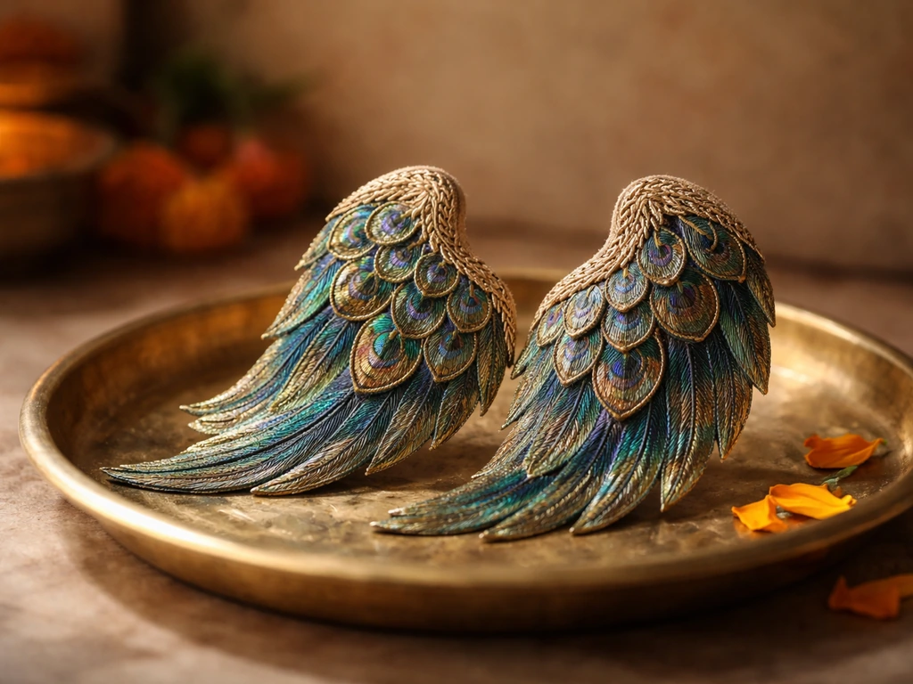 Iridescent peacock-feather wings ornament on a brass puja tray with a few marigold petals.