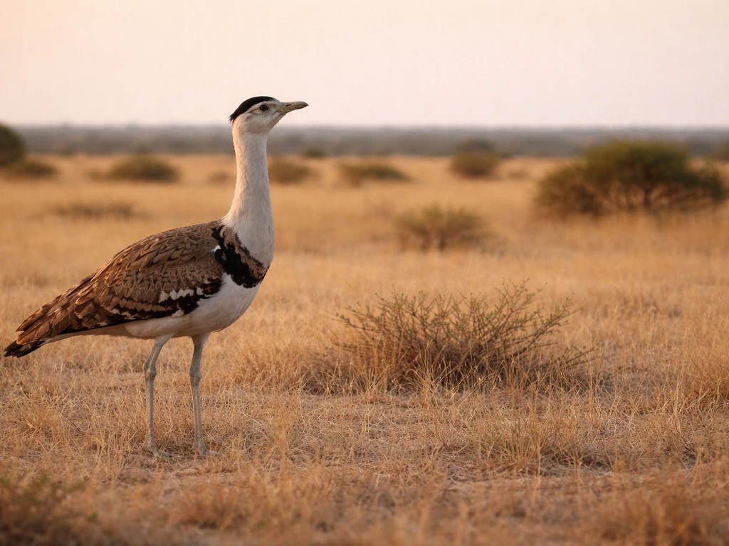 Great Indian bustard standing in open grassland habitat at golden hour.