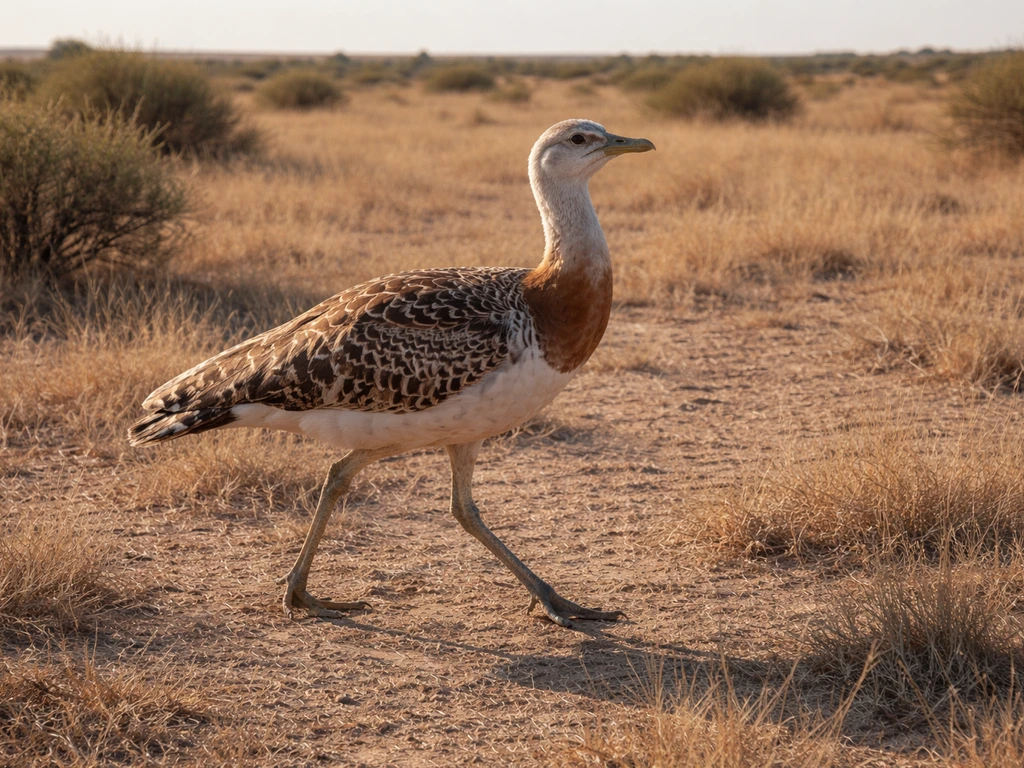 A large bustard-like bird standing on open grassland with sparse vegetation in warm daylight.