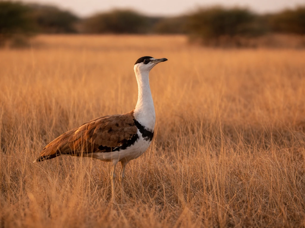 Great Indian bustard standing in tall dry grass in a minimal, natural semi-arid landscape at golden hour.