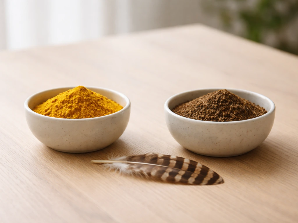 Two small ceramic bowls of colorful spices beside a bird-shaped feather motif on a clean table