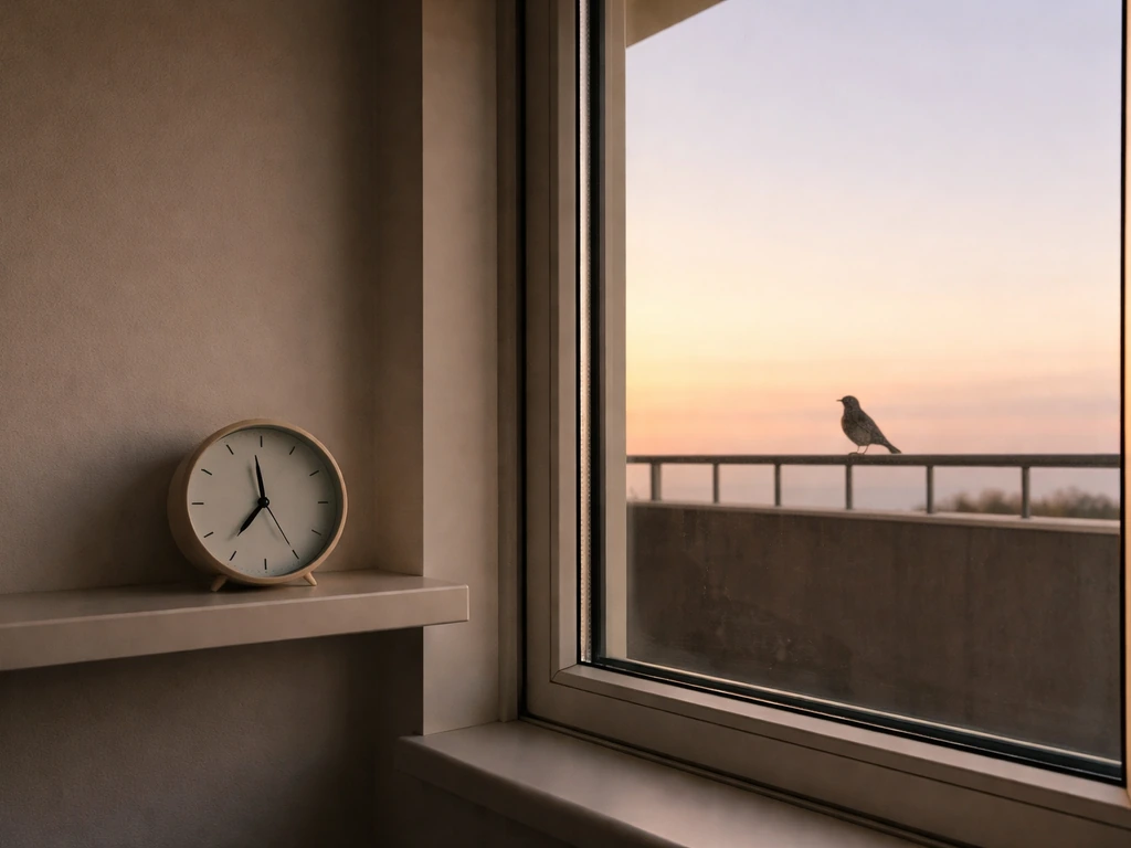 Dawn view through a window with a small clock and a bird silhouette, suggesting waking up early for advantage.