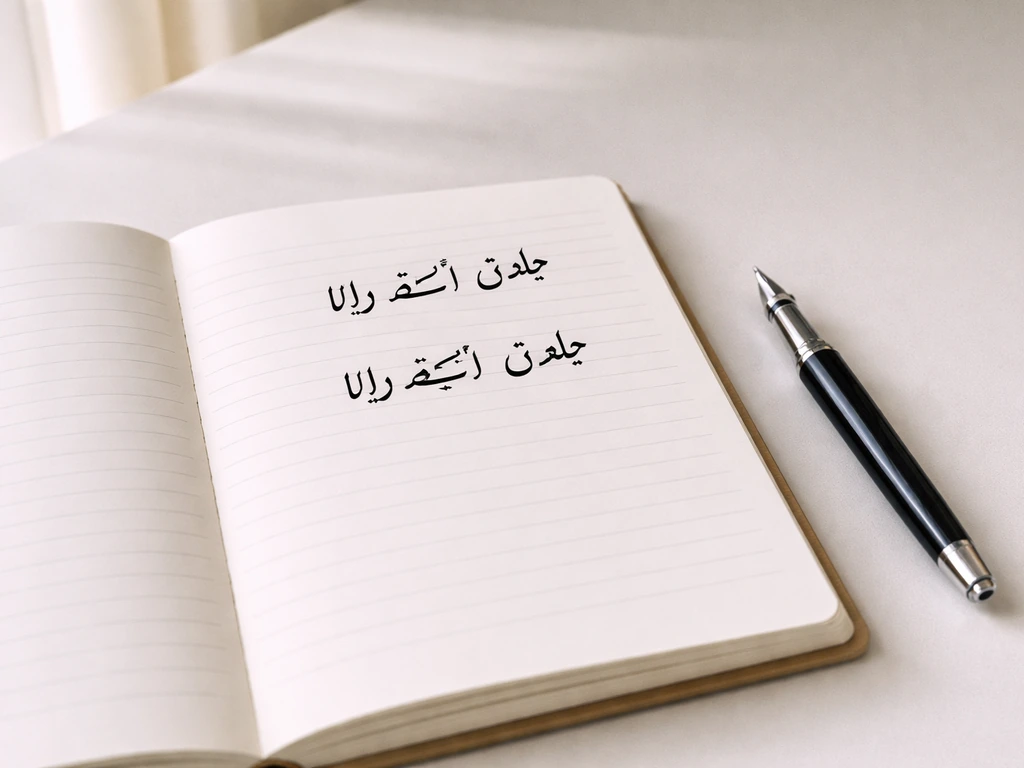Minimal notebook page with two handwritten Urdu phrases, plus a fountain pen on a bright desk.