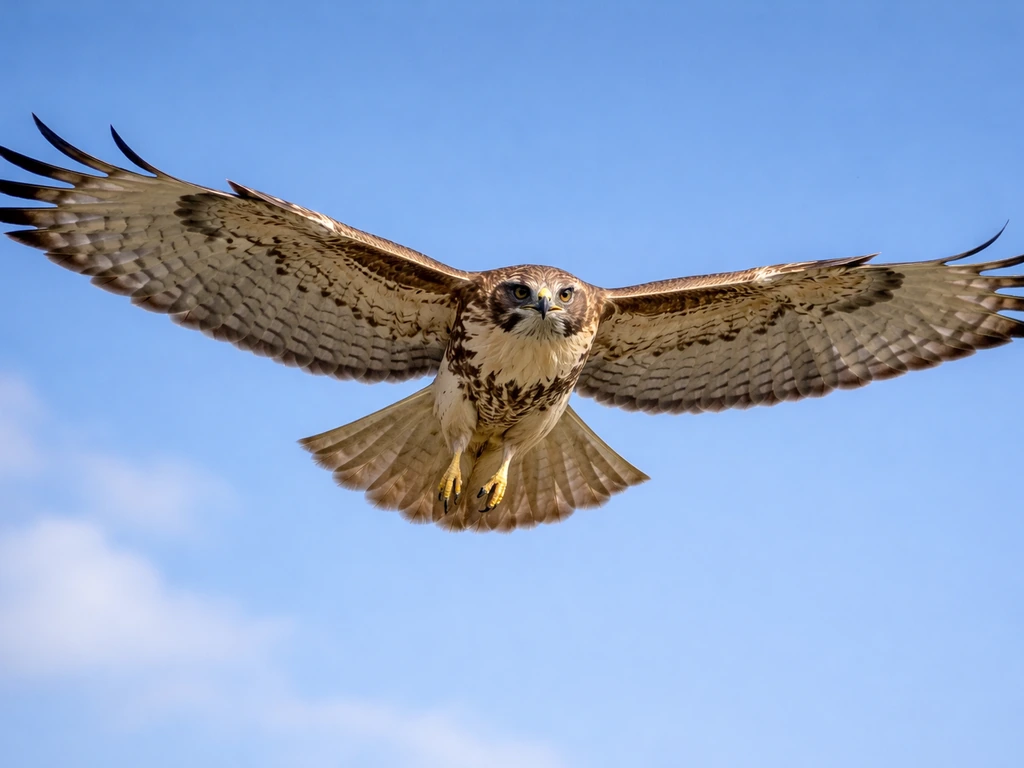 A hawk/raptor gliding in clear blue sky, wings spread, sharp details and focused gaze.