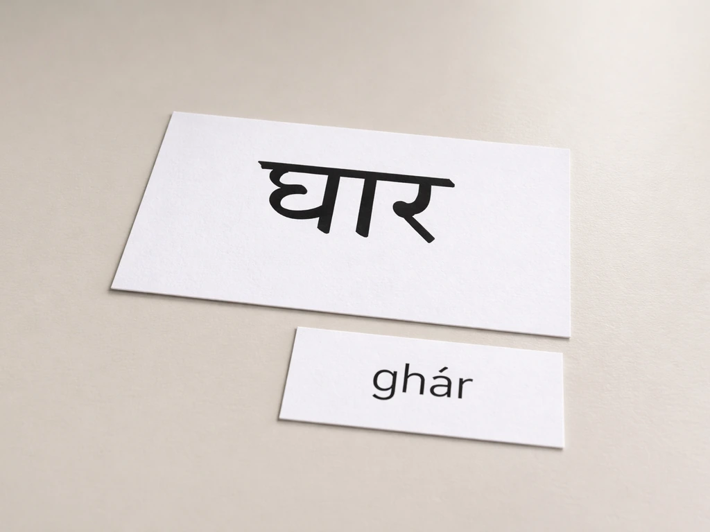 Close-up of a white paper card showing “घार” with a small transliteration cue “ghār” beside it.