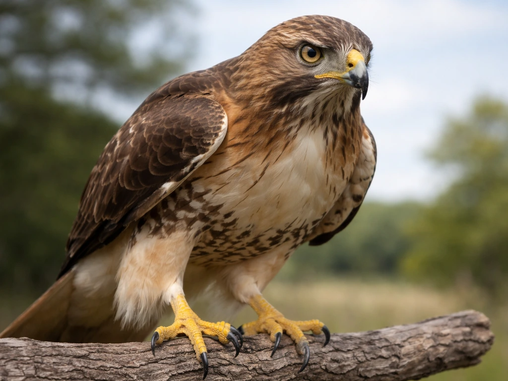 Close-up of a hawk perched outdoors, showing sharp eye and talons in natural light.