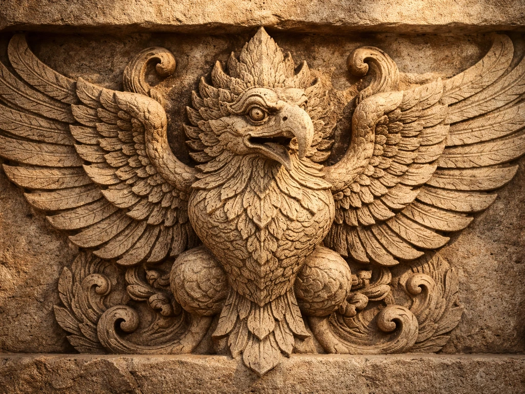 Close-up of weathered temple stone carving of a Garuda-like winged raptor with detailed feather patterns.
