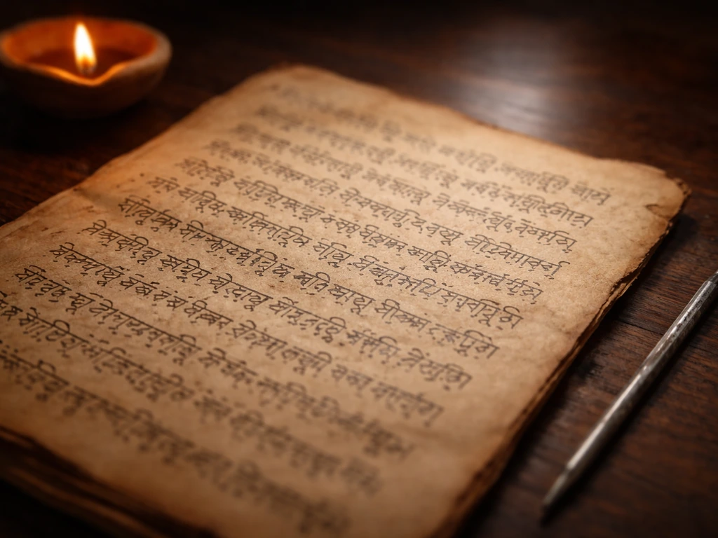 An open manuscript page with intricate handwritten Sanskrit-style script on a dark wooden desk.