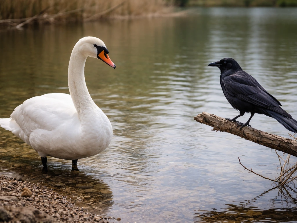 Swan and crow side-by-side on a calm water edge, contrasting elegant and dark birds in soft light.