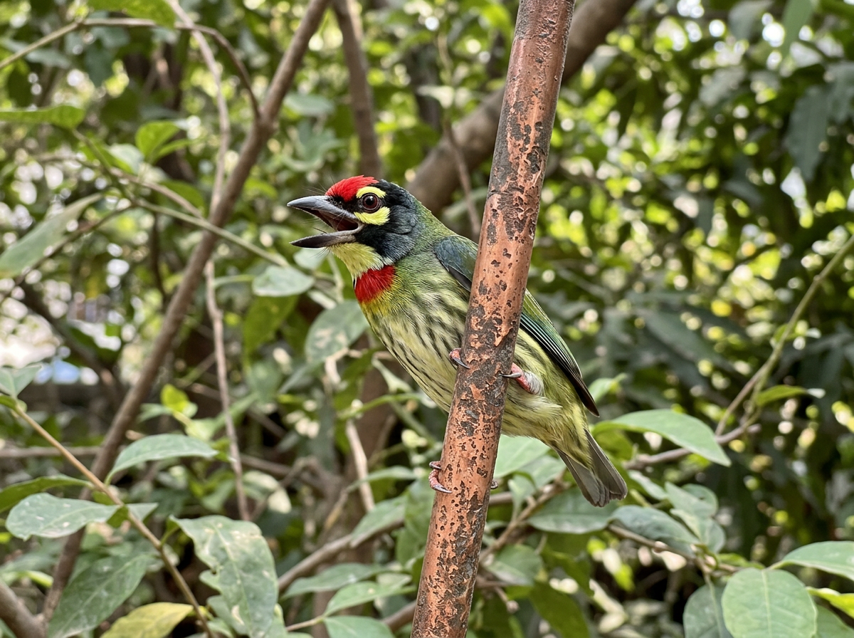 Coppersmith Barbet perched near copper-colored surface, beak open as if calling