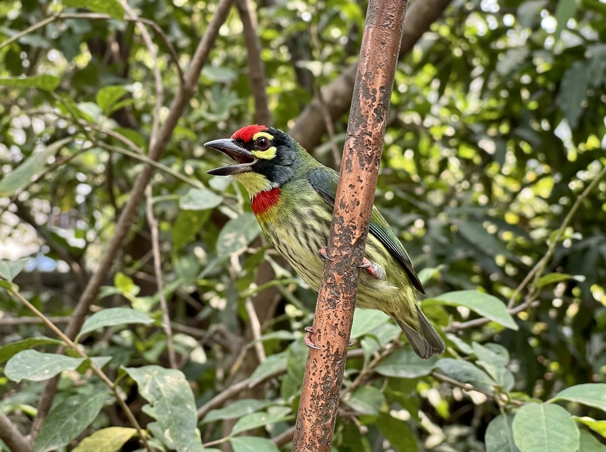 Coppersmith Barbet perched near copper-colored surface, beak open as if calling