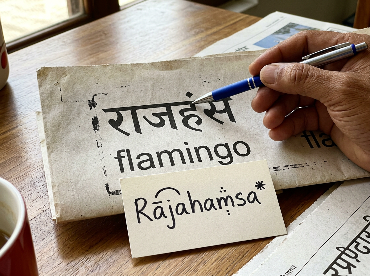 Hindi media-style card showing “राजहंस” (Rājahaṃsa) as the flamingo name