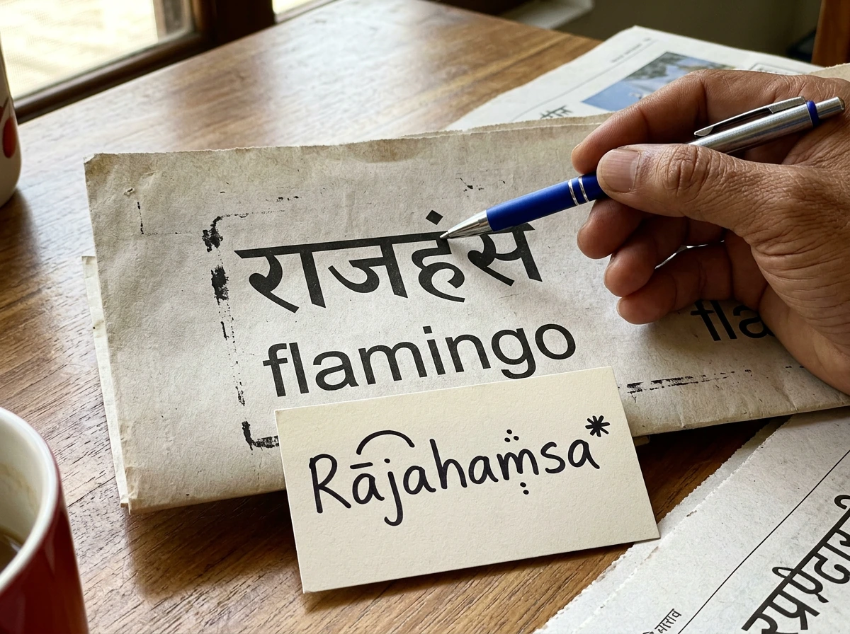 Hindi media-style card showing “राजहंस” (Rājahaṃsa) as the flamingo name