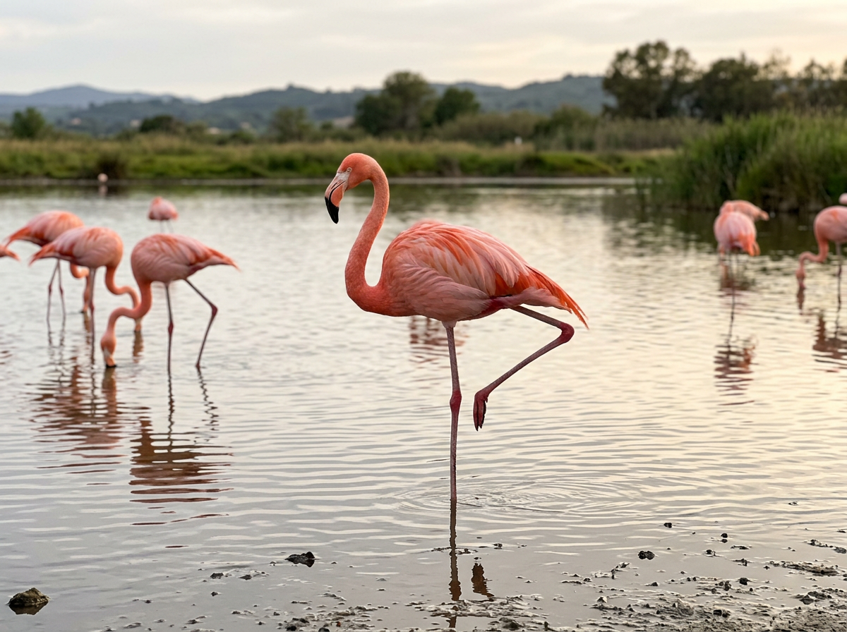 Flamingo standing on one leg near shallow water, showing the balance symbol