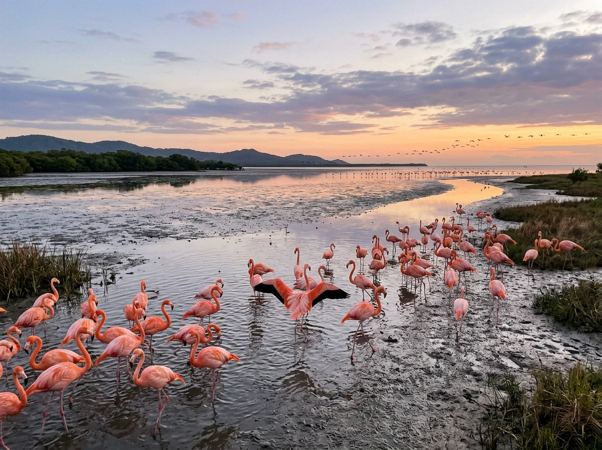 Flamingos gathered at a coastal wetland, indicating migration and seasonal return