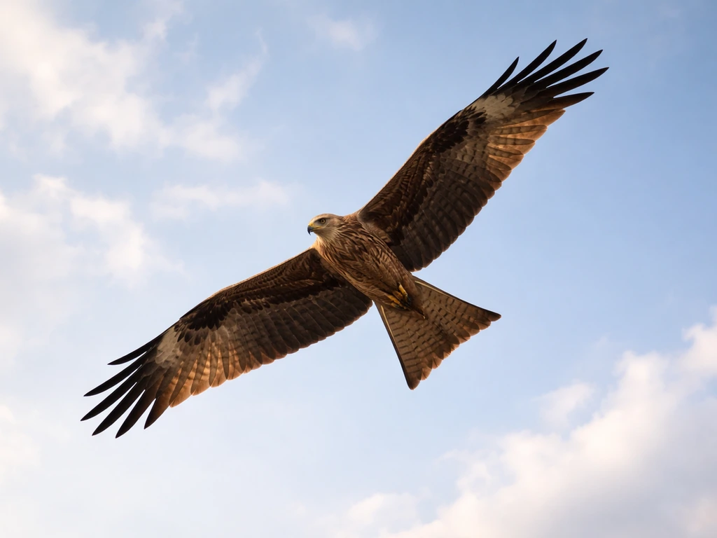 Soaring kite bird with long wings gliding high against a blue Indian sky.
