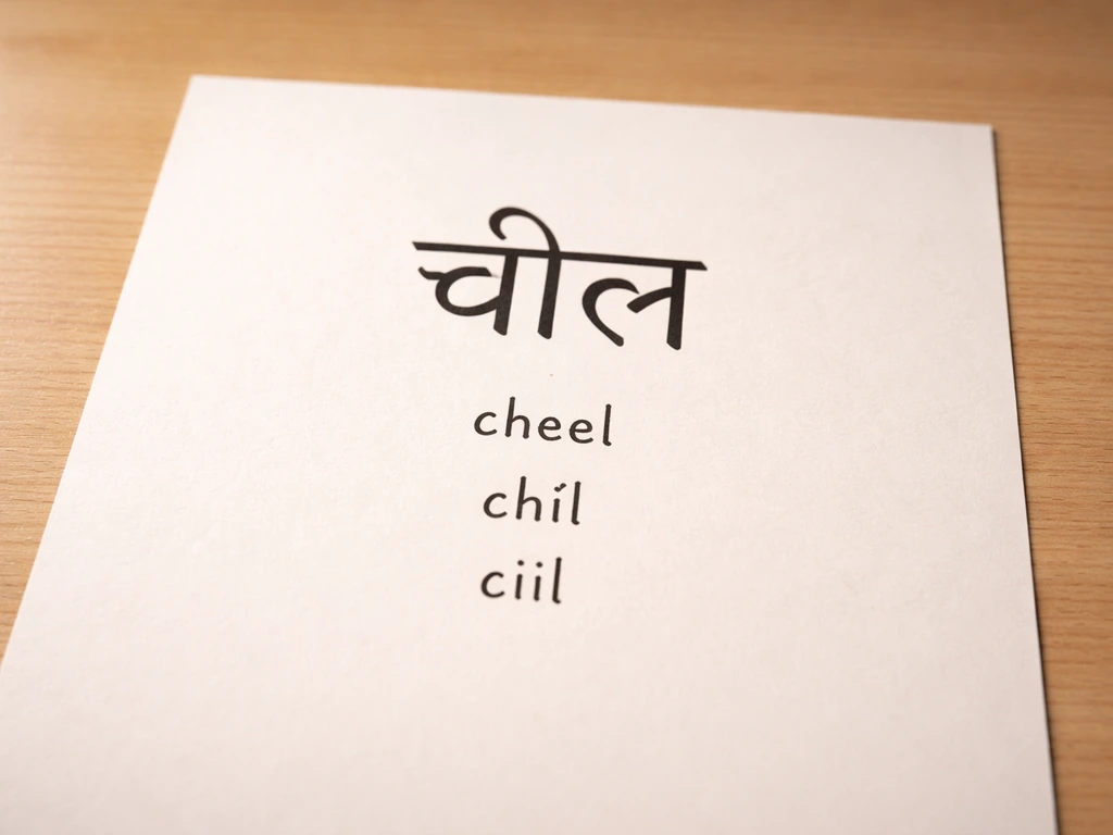 Close-up of handwritten Devanagari “चील” with romanization variants on a simple paper sheet.