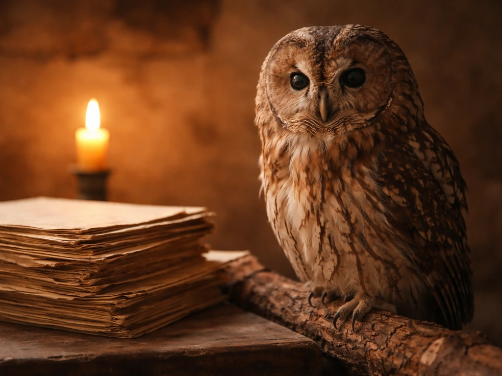 Warm-lit owl perched beside ancient unmarked manuscripts, symbolizing quiet wisdom.