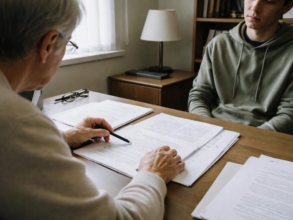 Older person in a quiet office closely examines documents while a younger person looks away, suggesting hard-to-fool wis