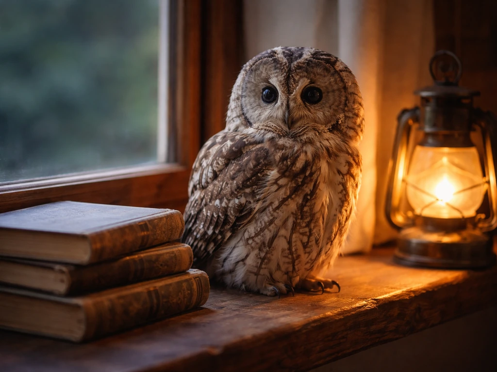 An owl perched beside a small stack of traditional books and a warm lantern glow, symbolizing wisdom.