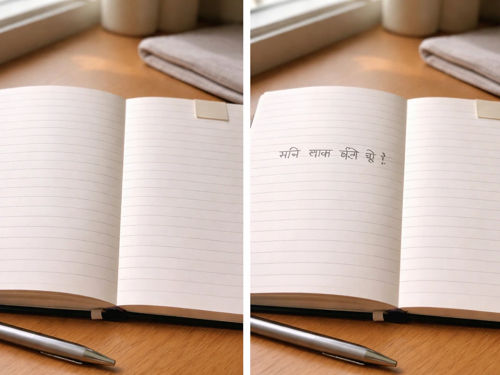 Minimal split-screen notebook showing an English sentence on the left and Hindi translation on the right.