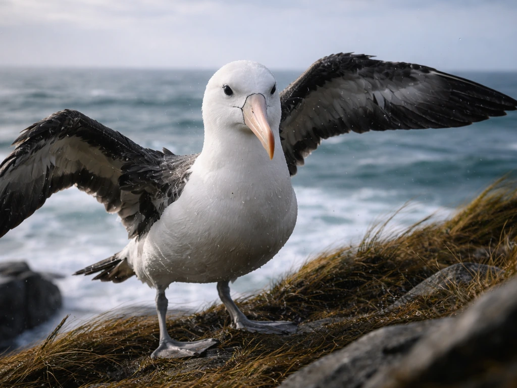 Albatross standing on a windy Southern Ocean shore with wings partially spread, sea spray in the air.