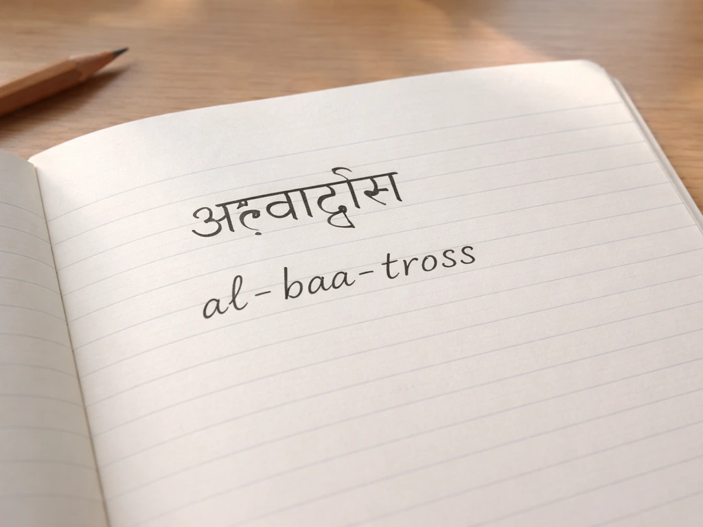 Close-up of a notebook page with Devanagari spelling and transliteration of albatross, softly lit.