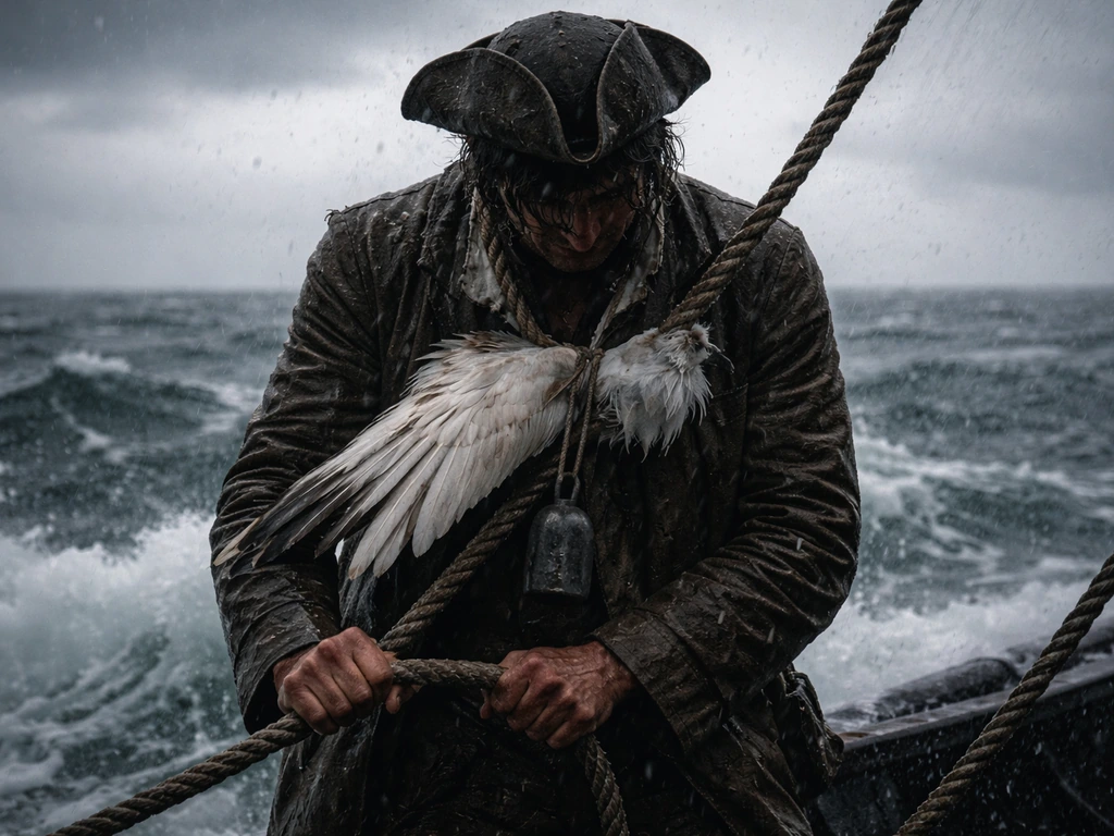 Sailor-like figure in a stormy sea, heavy albatross-feather weight implied around the neck