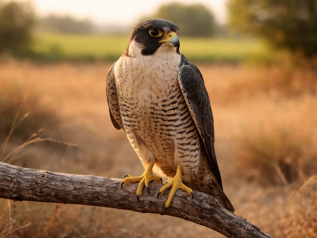 A falcon perched on a branch overlooking an open Indian landscape at golden hour.