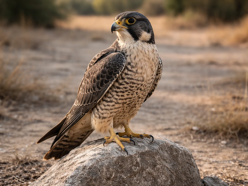 Close-up of a falcon perched on a rock with minimal background, evoking Falconidae family context.