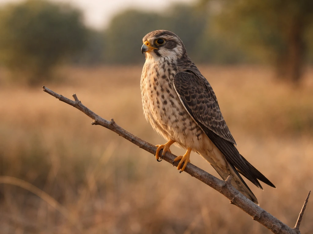 Amur-falcon-like migratory raptor perched on a bare branch in an Indian landscape at golden hour