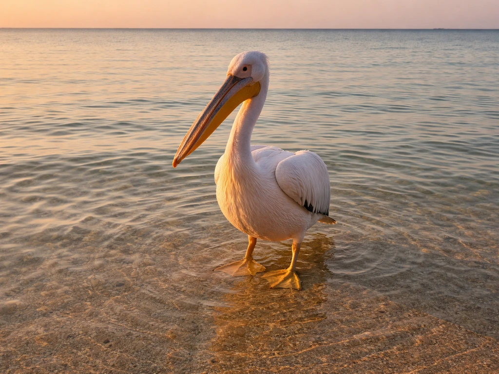 A pelican-like web-footed bird standing in shallow water, webbed feet visible