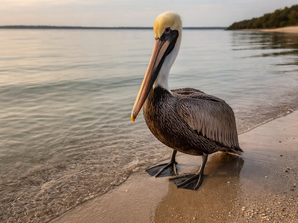 Brown pelican with visible webbed feet standing in shallow water at a quiet coastal lagoon.