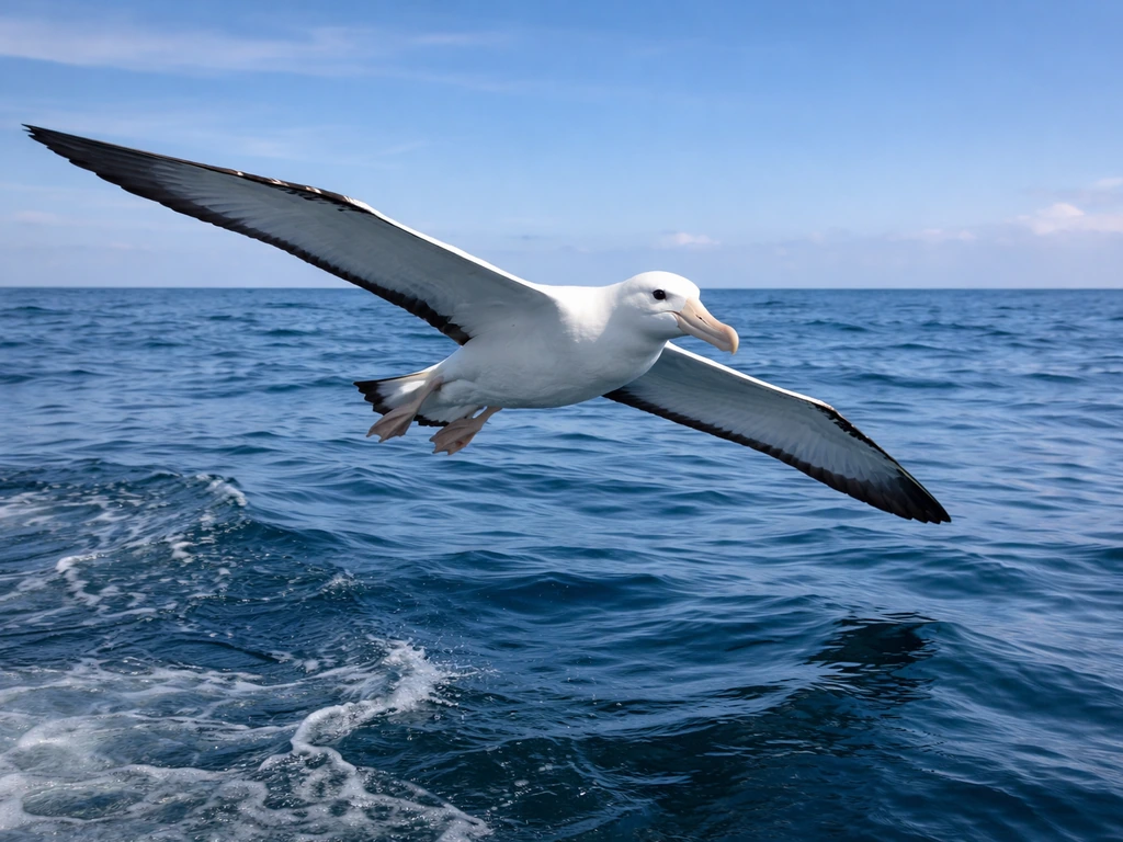 Albatross gliding over the ocean near open water, wings spread against a blue sky