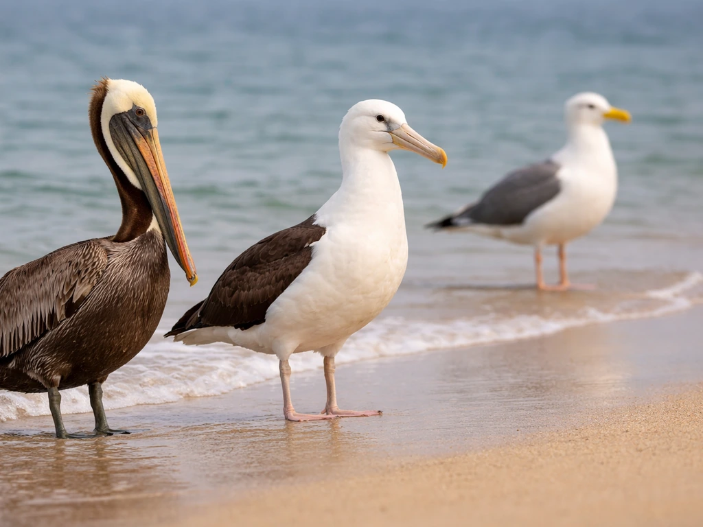 Two large web-footed birds in nature, highlighting differences between a pelican and an albatross