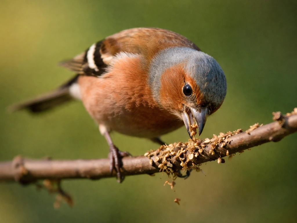 A small finch-type bird perched on a branch, pecking and eating visible seeds.