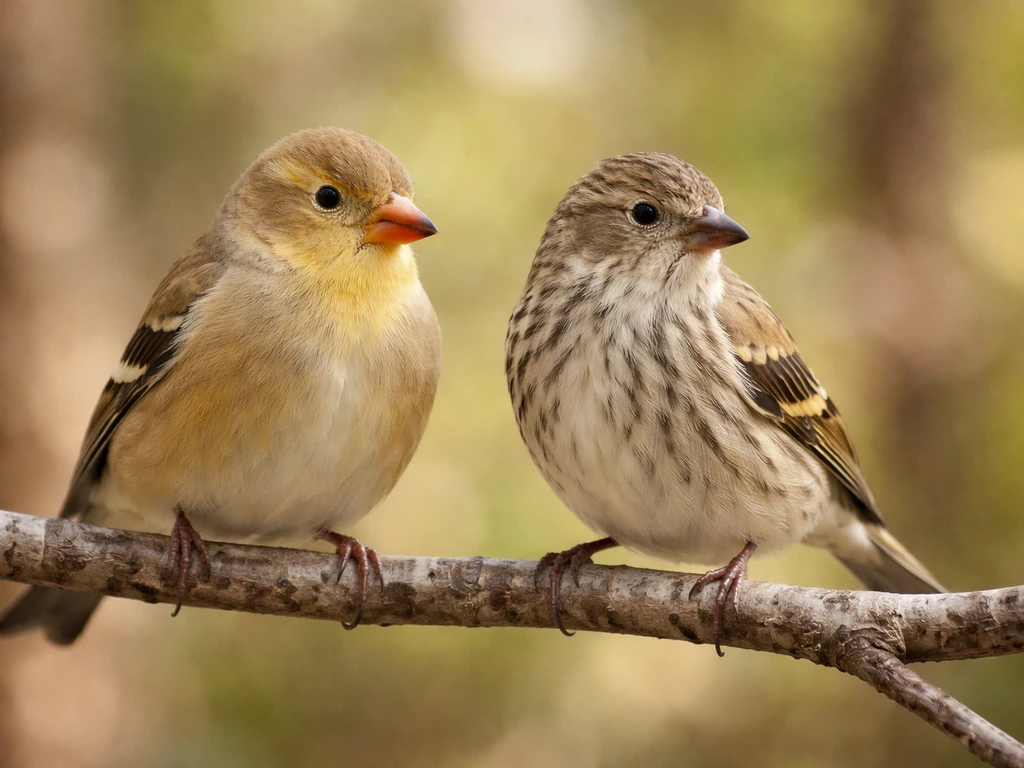 Close-up of two small finches side by side showing beak shape and feather color in natural light.