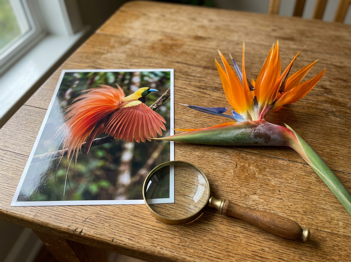 Side-by-side bird-of-paradise bird and bird-of-paradise flower to avoid name confusion