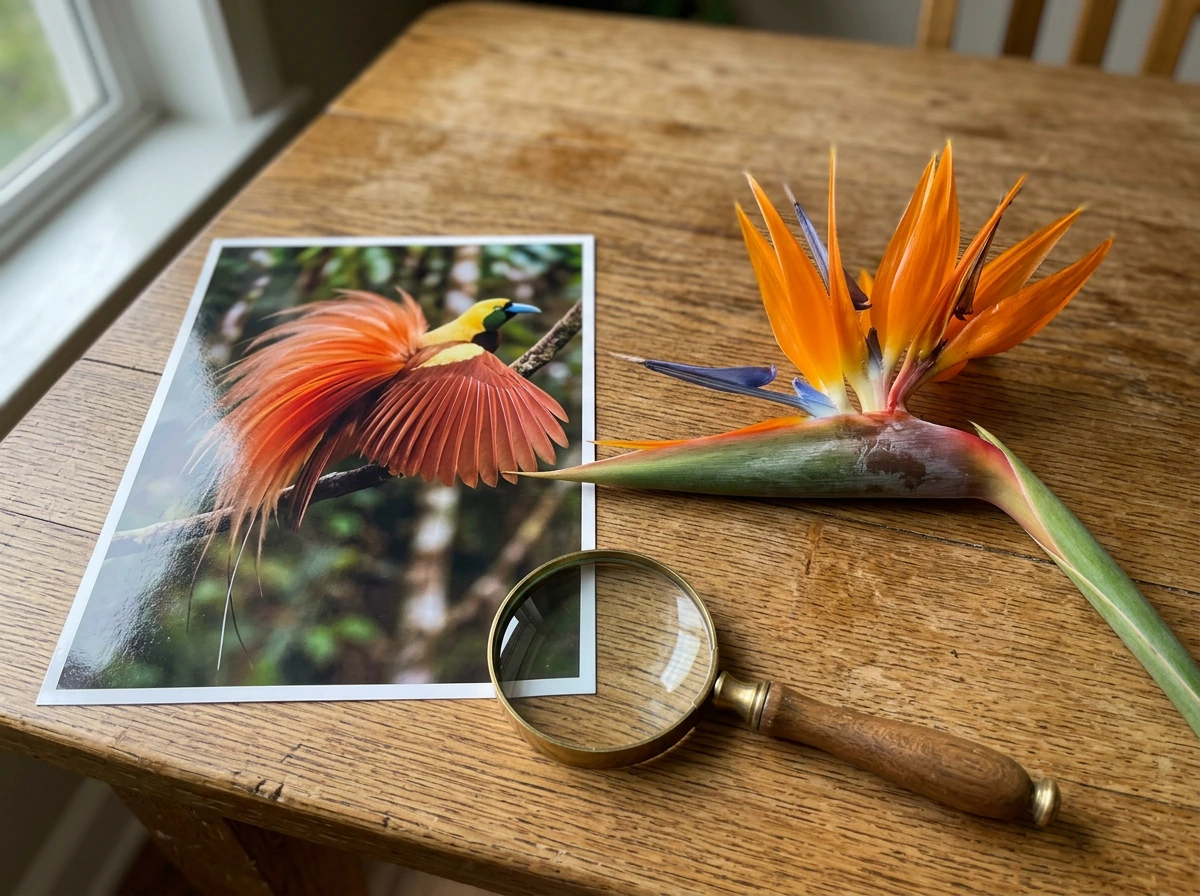 Side-by-side bird-of-paradise bird and bird-of-paradise flower to avoid name confusion