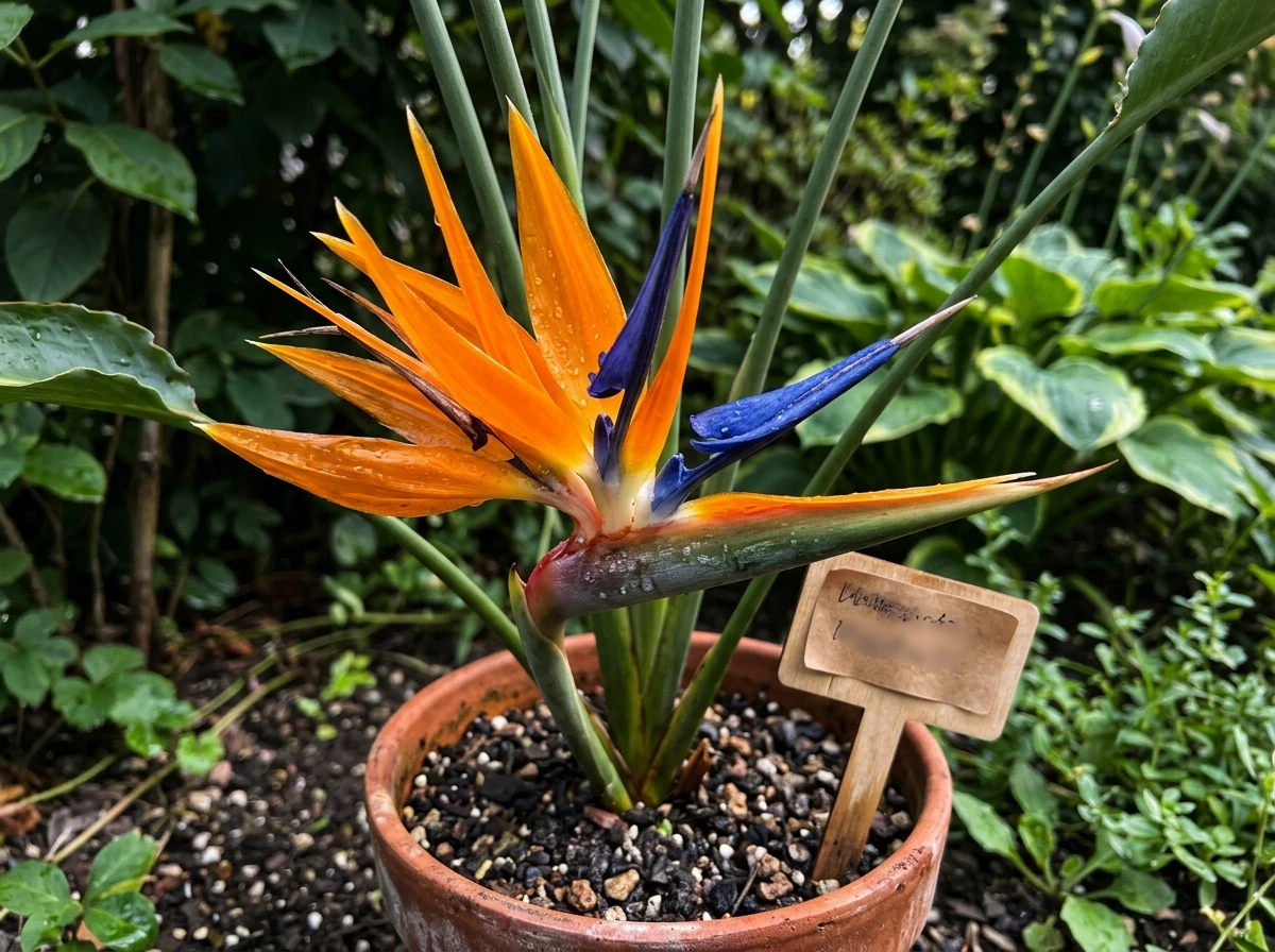 Close-up of Strelitzia reginae flower representing bird-of-paradise plant meaning